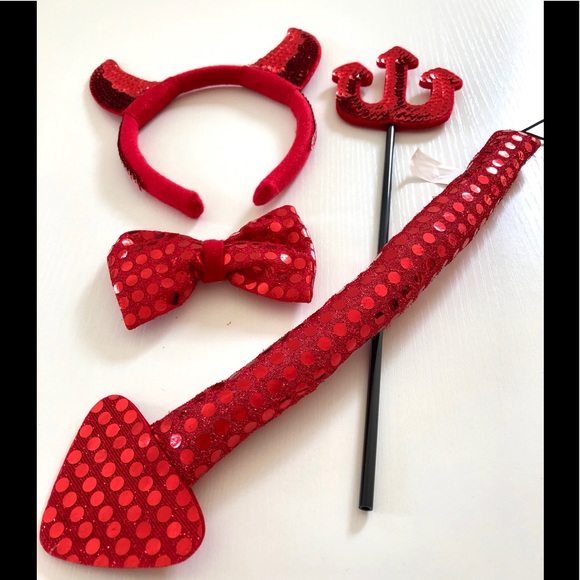 Mardi Gras sequins devil 4pc Quality accessories bowtie tails Pitchfork headband - Picture 9 of 14